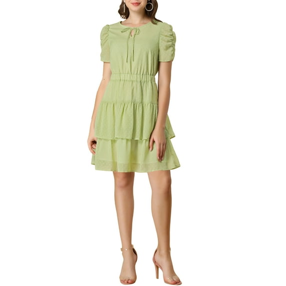 MODA NOVA Junior's Tie Neck Ruched Short Sleeve A-Line Swiss Dots Tiered Dress