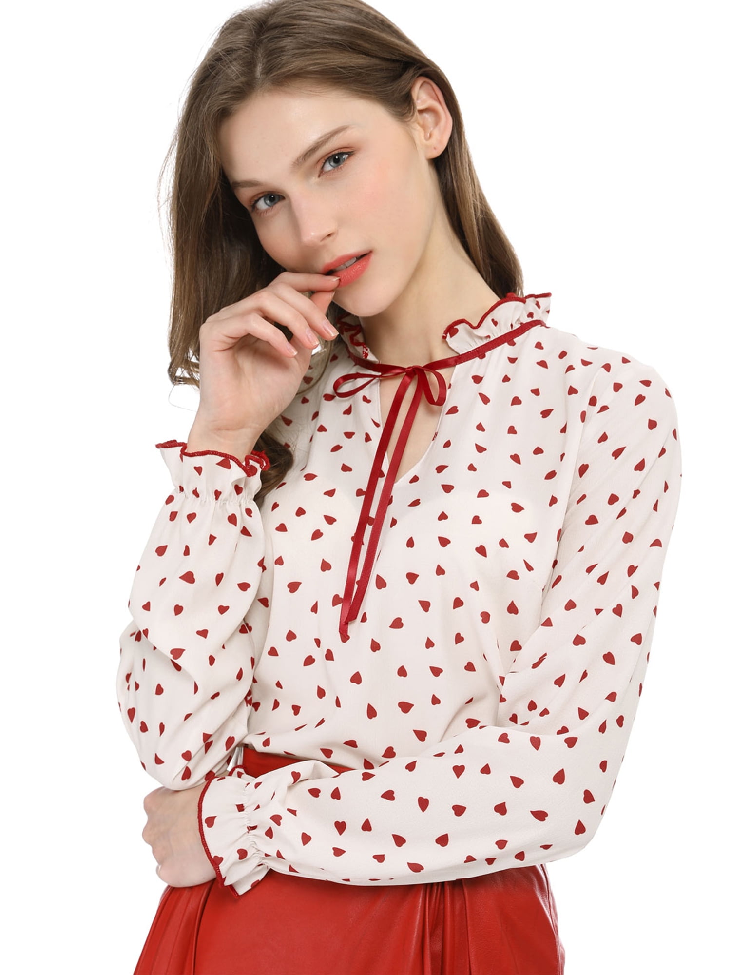 MODA NOVA Junior's Tie Ruffle Neck Polka Dots Bell Long Sleeves Blouse ...