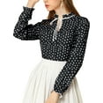 thumbnail image 1 of MODA NOVA Junior's Tie Ruffle Neck Polka Dots Bell Long Sleeves Blouse Black-Polka Dots XL, 1 of 6