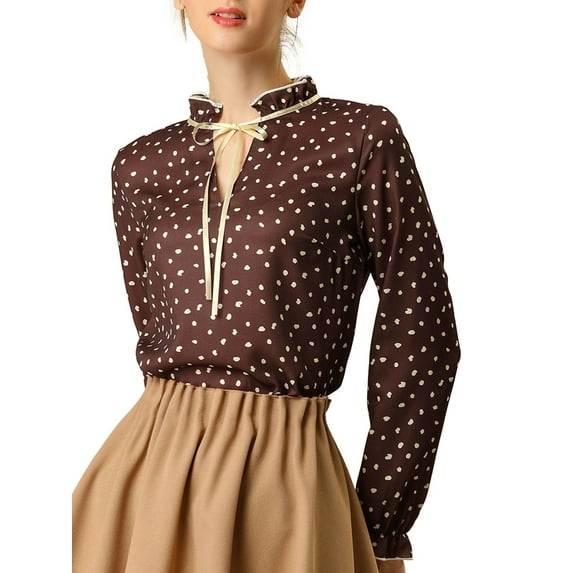 MODA NOVA Junior's Tie Ruffle Neck Polka Dots Bell Long Sleeves Blouse Maroon Red-Polka Dots L
