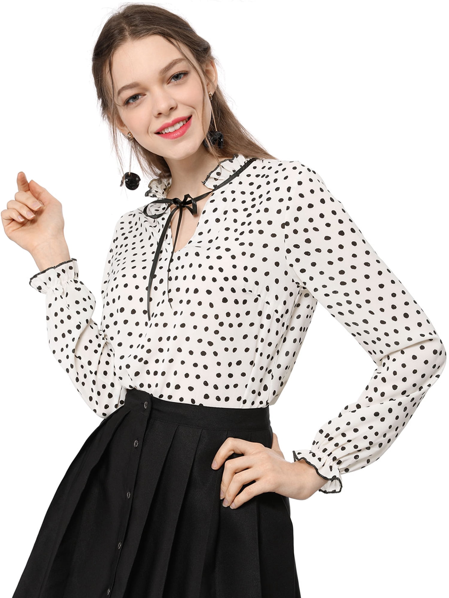 MODA NOVA Junior's Tie Ruffle Neck Polka Dots Bell Long Sleeves Blouse ...