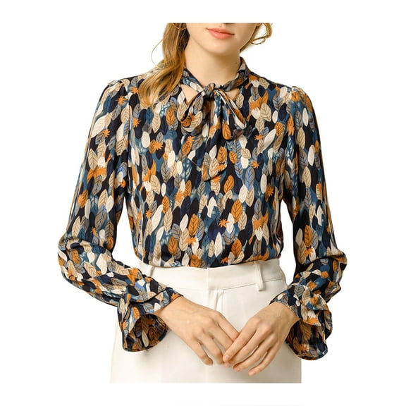 MODA NOVA Junior's Tie V Neck Blouse Long Trumpet Sleeve Floral Shirt Blue Orange S