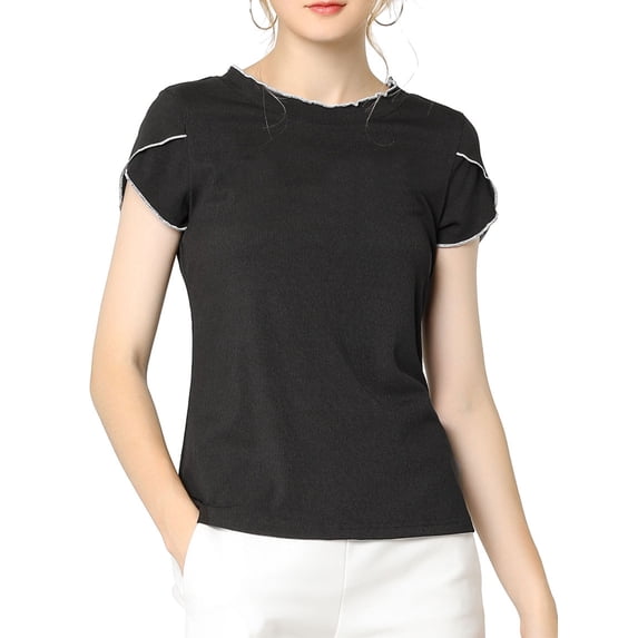 MODA NOVA Junior's Tops Contrast Color Round Neck Cap Sleeve Shirt Black XXL