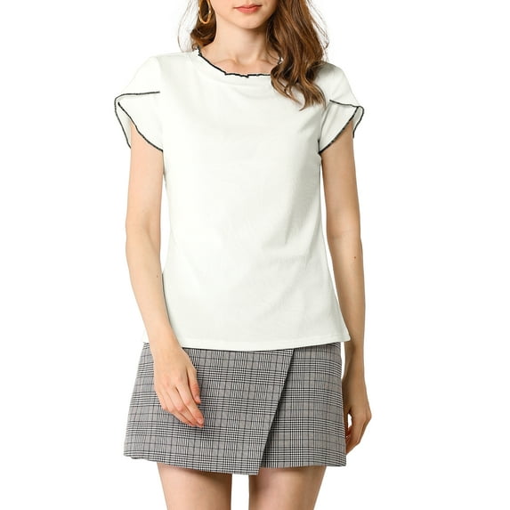 MODA NOVA Junior's Tops Contrast Color Round Neck Cap Sleeve Shirt White S