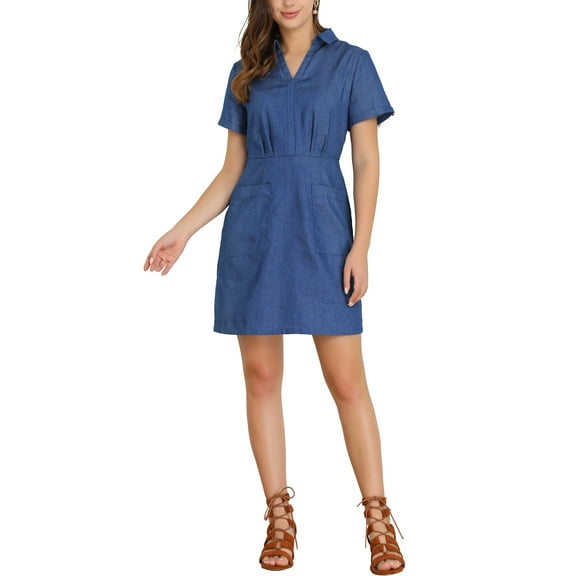 INSPIRE CHIC Women's Turndown Collar Chambray Solid A-Line Shirt Dress