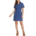 thumbnail image 1 of INSPIRE CHIC Women's Turndown Collar Chambray Solid A-Line Shirt Dress, 1 of 5