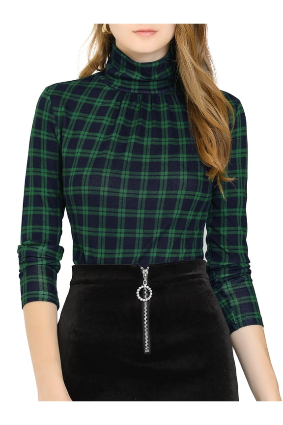 Junior's Turtleneck Long Sleeve Slim Fit Plaid Blouse