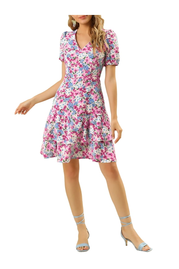 Junior's V Neck Backless Lace Trim A-Line Layered Hem Dress