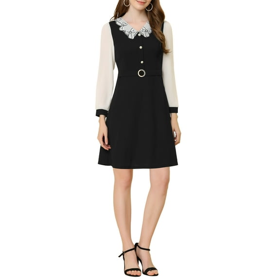 MODA NOVA Junior's V Neck Button Decor Elegant Contract Panel Midi Dress