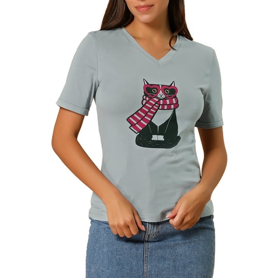 MODA NOVA Junior's V Neck Cotton Cat Print Short Sleeve T-Shirt