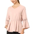 thumbnail image 1 of MODA NOVA Junior's V Neck Crochet Lace Bell Sleeves Peplum Blouse Top Pink S, 1 of 6