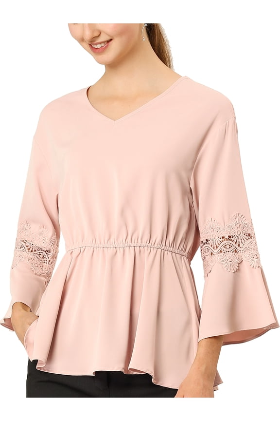 Junior's V Neck Crochet Lace Bell Sleeves Peplum Blouse Top Pink S