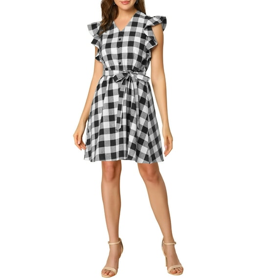 MODA NOVA Junior's V Neck Ruffled Sleeve Belted Check Plaids Dress Black S