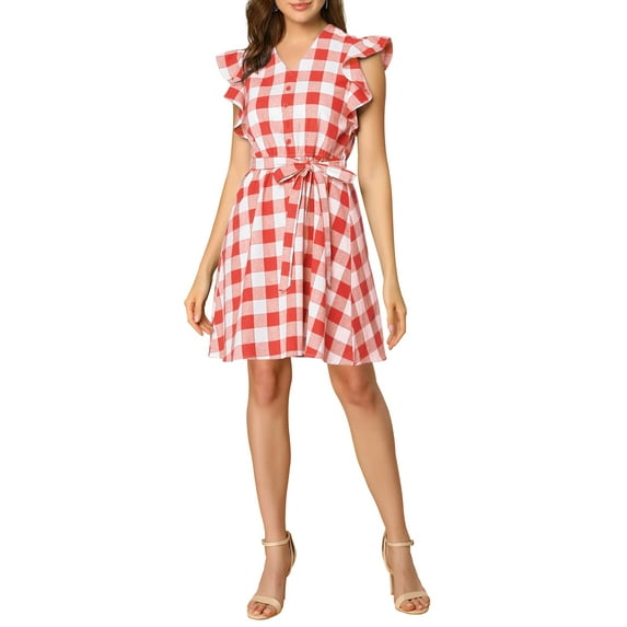 MODA NOVA Junior's V Neck Ruffled Sleeve Belted Check Plaids Dress Red S