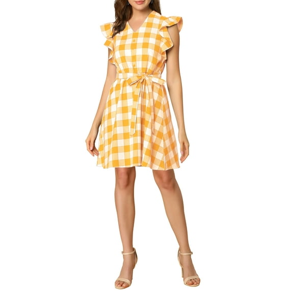 MODA NOVA Junior's V Neck Ruffled Sleeve Belted Check Plaids Dress Yellow XL