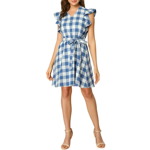 MODA NOVA Junior's V Neck Ruffled Sleeve Belted Check Plaids Dress