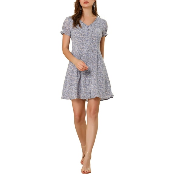 MODA NOVA Junior's V Neck Short Sleeve Button Floral Flowy a Line Dress Purple XL