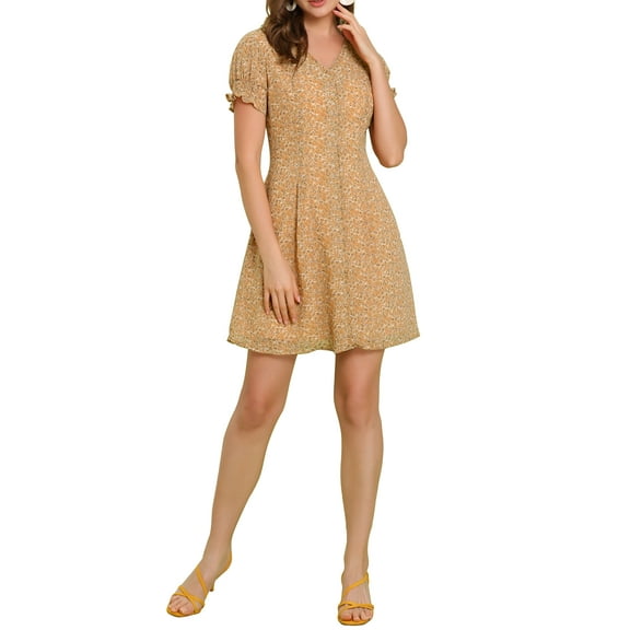 MODA NOVA Junior's V Neck Short Sleeve Button Floral Flowy a Line Dress