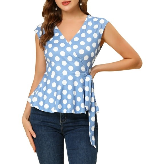 MODA NOVA Junior's V Neck Sleeveless Self Tie Wrap Front Dotted Top