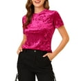 thumbnail image 1 of MODA NOVA Junior's Velvet Top Crew Neck Short Sleeve Casual T-Shirt Fushcia S, 1 of 5