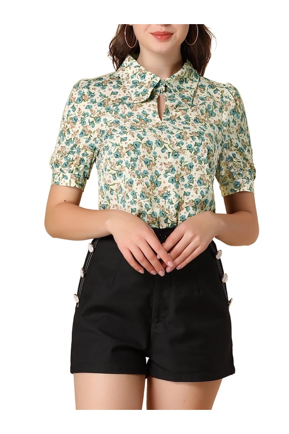 Junior's Vintage Floral Turndown Collar Short Sleeve Chiffon Blouse Beige M