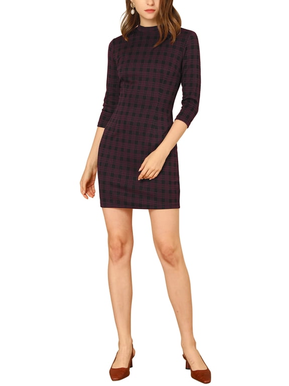 Junior's Vintage Mock Neck 3/4 Sleeve Slim Plaid Dress