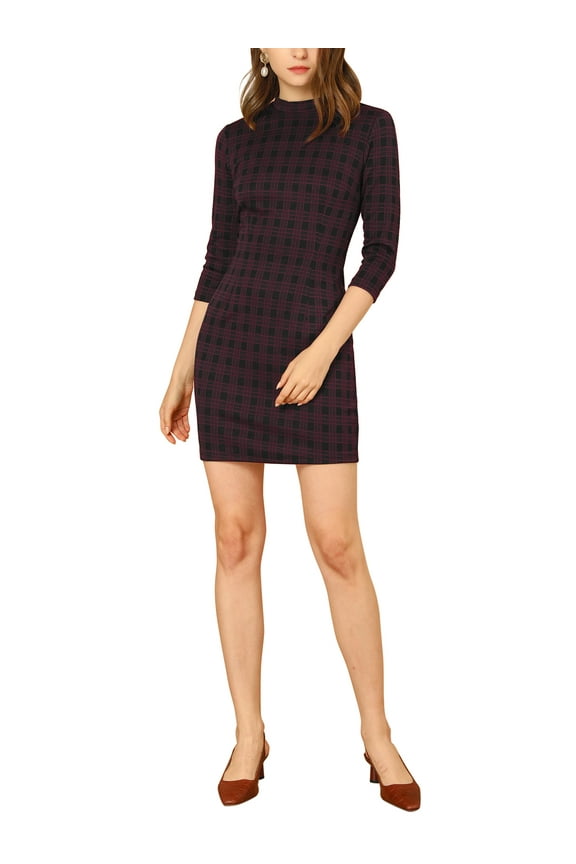 Junior's Vintage Mock Neck 3/4 Sleeve Slim Plaid Dress