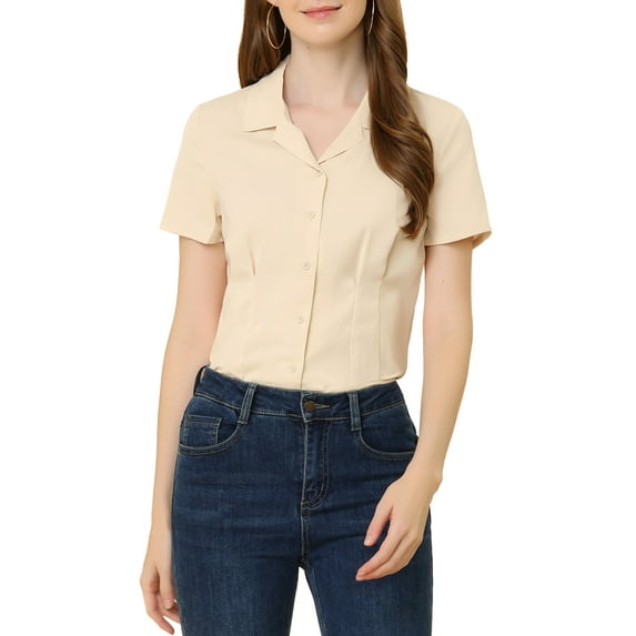 MODA NOVA Junior's Work Office Shirt Button Up Short Sleeve Casual Blouse Beige 2XL