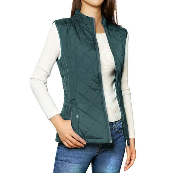 MODA NOVA Junior's Zip up Front Stand Collar Slant Pockets Quilted Padded Vest S Forest Green