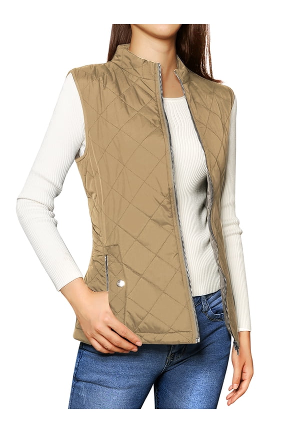 Junior's Zip up Front Stand Collar Slant Pockets Quilted Padded Vest Khaki L