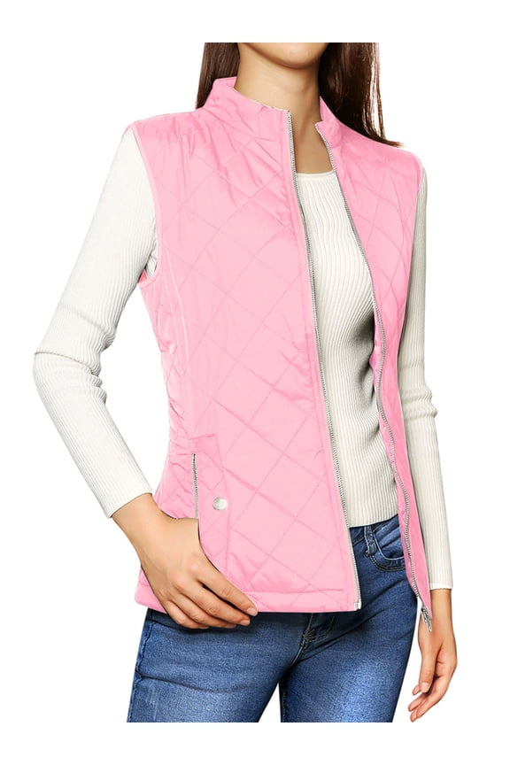 Junior's Zip up Front Stand Collar Slant Pockets Quilted Padded Vest L Pink