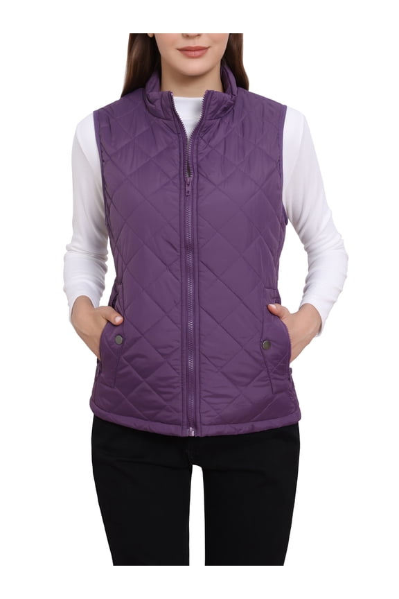 Junior's Zip up Front Stand Collar Slant Pockets Quilted Padded Vest M Purple