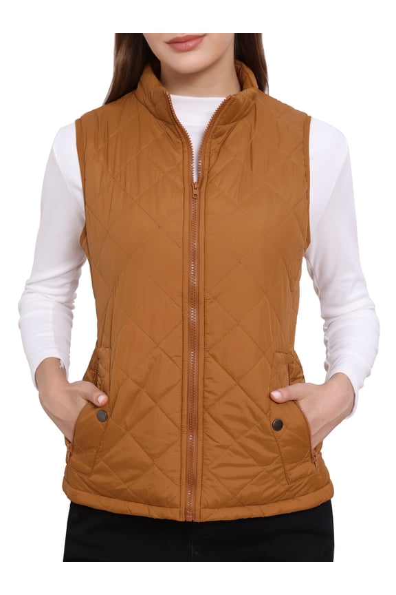 Junior's Zip up Front Stand Collar Slant Pockets Quilted Padded Vest M Saddle Brown
