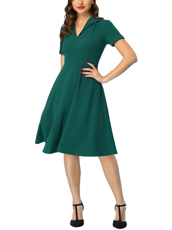 Juniors 1950s Retro Vintage Button Down A-Line Swing Wear-to-Work Dress