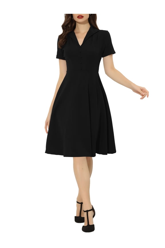 Juniors 1950s Retro Vintage Button Down A-Line Swing Wear-to-Work Dress