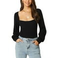 thumbnail image 1 of MODA NOVA Juniors 2023 Bishop Long Sleeve Square Neck Stretch Ribbed Knit Slim Fit Solid Crop Sweater Top, 1 of 1