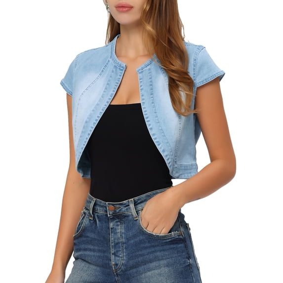 MODA NOVA Juniors 2023 Crop Denim Cap Sleeve Slim Fit Summer Jean Jacket Light Blue M