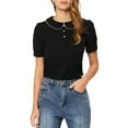 thumbnail image 1 of MODA NOVA Juniors' 2023 Peter Pan Collar Contrast Trim Puff Short Sleeve Summer Blouse Tops Black XS, 1 of 6