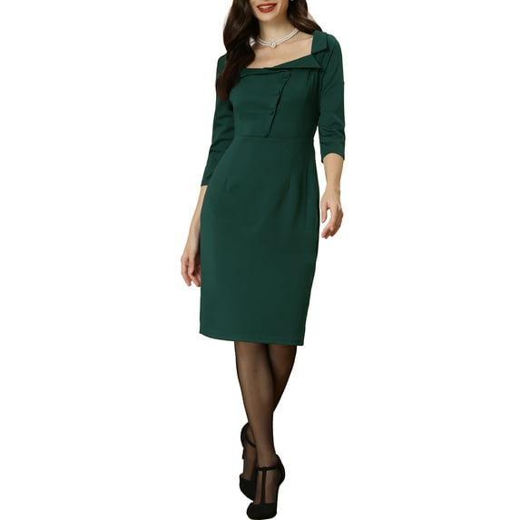 MODA NOVA Juniors 3/4 Sleeve Vintage Square Neck Elegant Formal Pencil Midi Dress