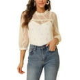 thumbnail image 1 of MODA NOVA Juniors 3/4 Sleeves Ruffle Mock Neck Sheer Lace Tops Ivory S, 1 of 7