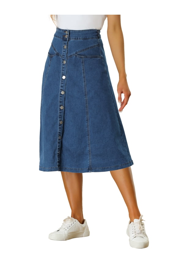 Juniors' A-Line Stretchy High Waist Buttons Front Flowy Midi Skirts with Pockets XS Blue