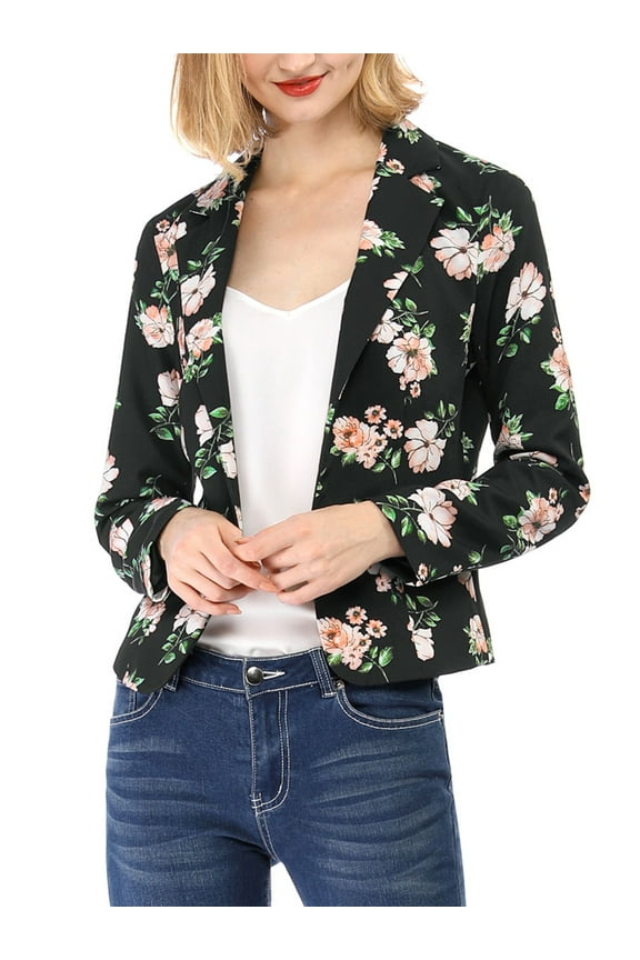 Juniors Allover Long Sleeve Notched Lapel Open Front Blazer