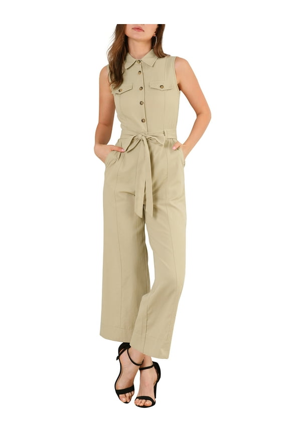 Juniors Ankle Tie Waist Workwear Button Front Sleeveless Jumpsuit