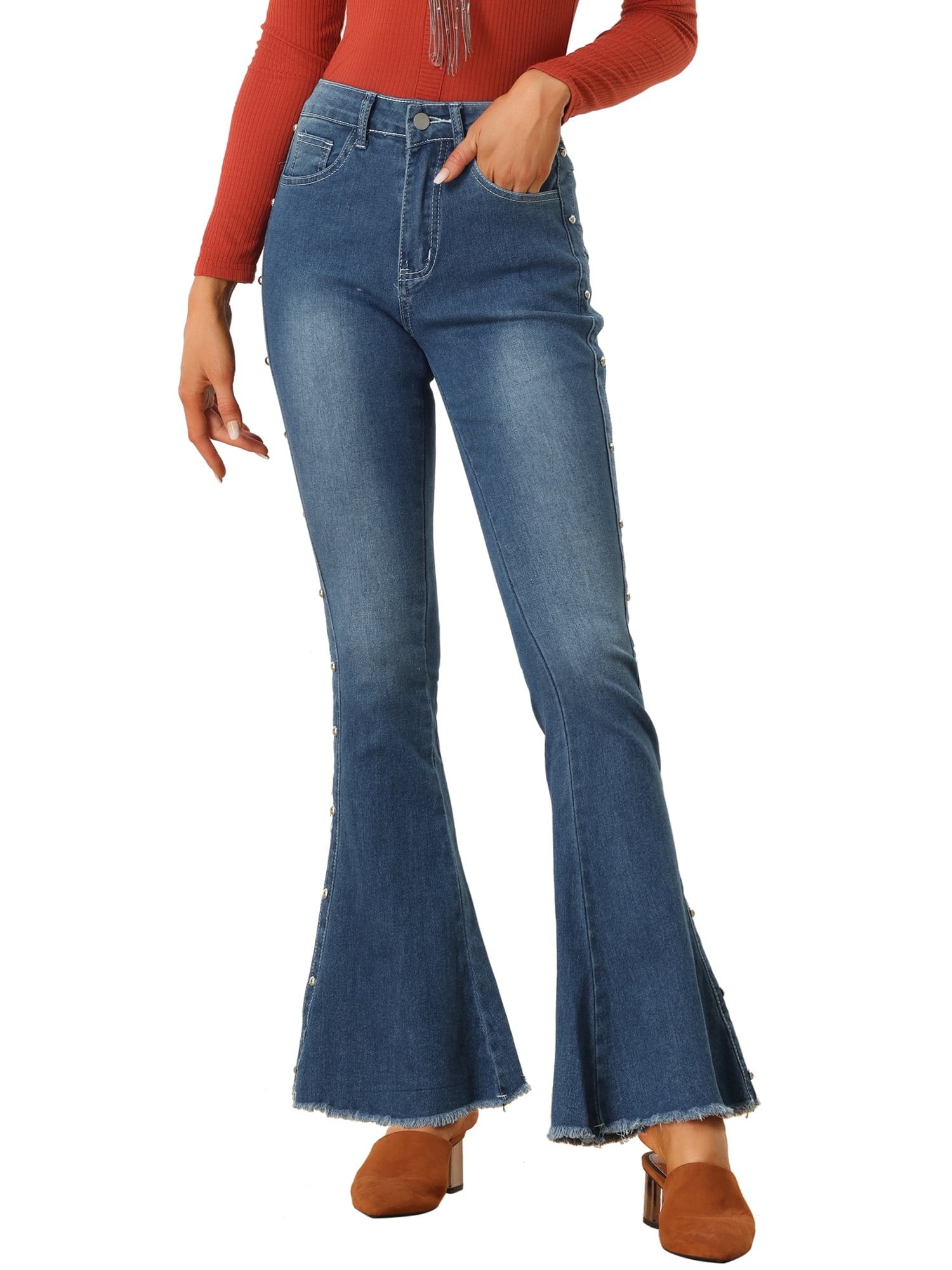 MODA NOVA Juniors' Bell Bottom Jeans Beaded Raw Hem Casual Denim Pants -  Walmart.com