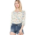 thumbnail image 1 of MODA NOVA Juniors Blouse Floral Print 3/4 Raglan Sleeve Round Neck Tops White S, 1 of 6