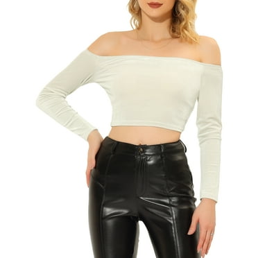 MODA NOVA Juniors Boat Neck Long Sleeve Off Shoulder Cropped Velvet Blouse