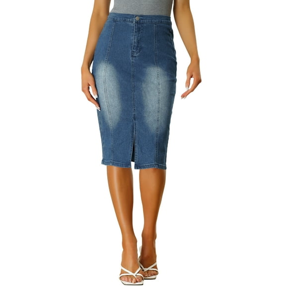 MODA NOVA Juniors Bodycon Midi Skirt High Elastic Waist Split Front Denim Pencil Skirt