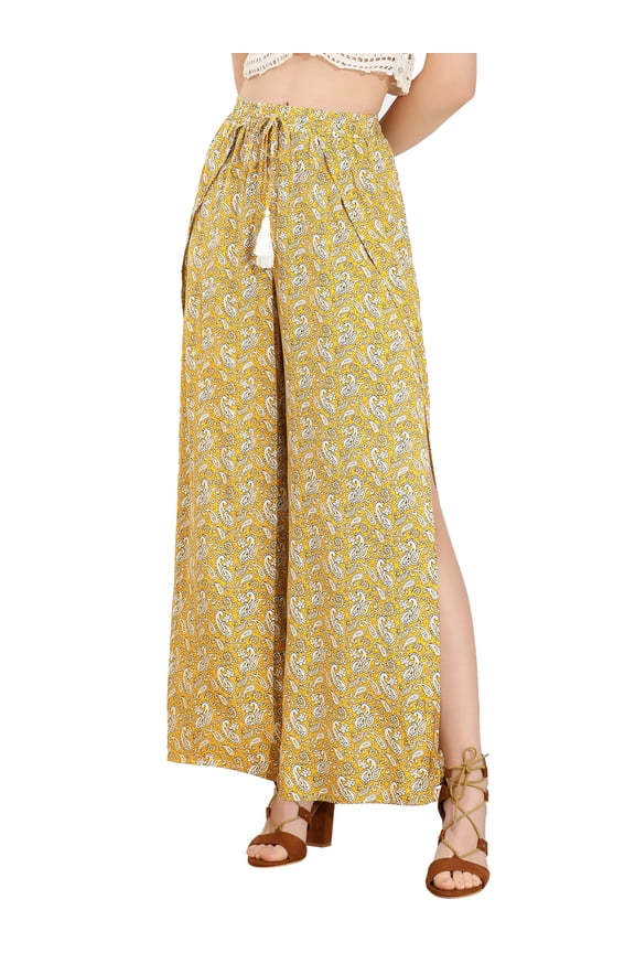Juniors Boho Tassel Drawstring High Split Paisley Wide Leg Pants