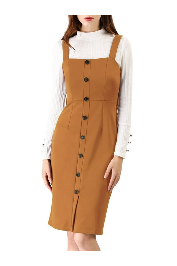 Juniors Button Decor Bow Tie Waist Suspender Overall Jumper Dress