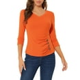 thumbnail image 1 of MODA NOVA Juniors Button Decor V Neck 3/4 Sleeve Solid Knitted Ruched Blouse, 1 of 5